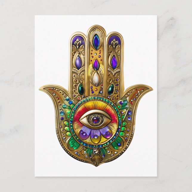 Painted Gold Hamsa Amethyst Ruby Third Eye Postkarte (Vorderseite)