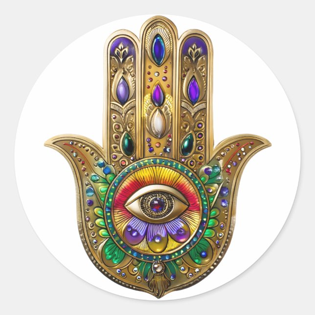 Painted Gold Hamsa Amethyst Ruby Third Eye Runder Aufkleber (Vorderseite)