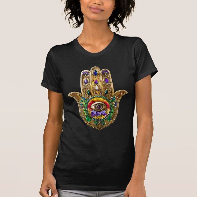 Painted Gold Hamsa Amethyst Ruby Third Eye T-Shirt (Vorderseite)