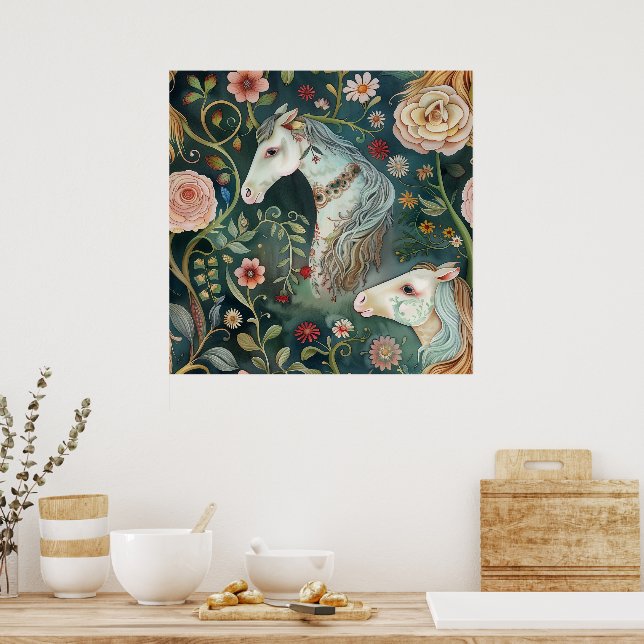 Painted Horses Floral Poster (Küche)