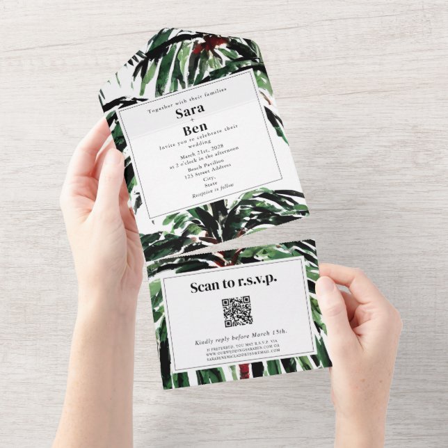 Painted Palm Trees Beach Wedding QR Code UAWG All In One Einladung (Abreißen)