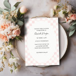 Painted Pink Checkerboard Pattern Wedding Einladung<br><div class="desc">Your custom wedding details appear at the center in black lettering against a oval shaped frame with my painted pink checkerboard pattern in the background. The pastel pink squares give this a soft and pretty look. The reverse side is a coordinating pink. This wedding collection is brimming with country charm....</div>