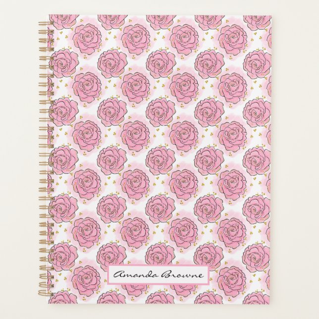 Painted pink roses and gold glitter planner  (Devant)