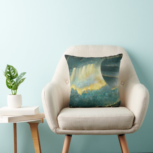 Painted Planet Sky Art von Heva Weva Green und Gol Kissen (Stuhl )
