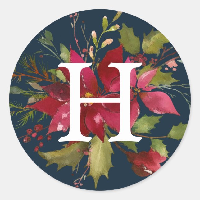 Painted Poinsettias | Monogram Holiday Runder Aufkleber (Vorderseite)