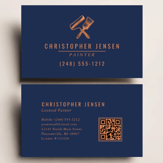 Painter QR Code Painting Business Navy Blue Copper Visitenkarte (Von Creator hochgeladen)