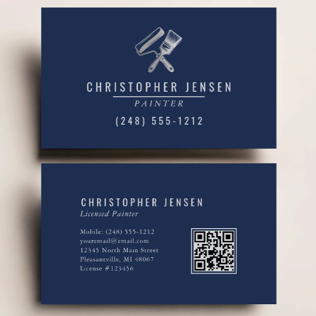 Painter QR Code Painting Business Navy Blue Silver Visitenkarte (Von Creator hochgeladen)