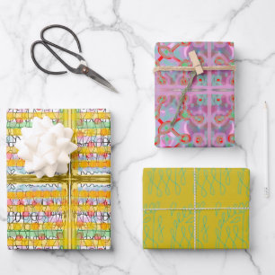 PAINTERLY DOT STRIPES UND WIRBEL DOODLES PINK ETC GESCHENKPAPIER SET