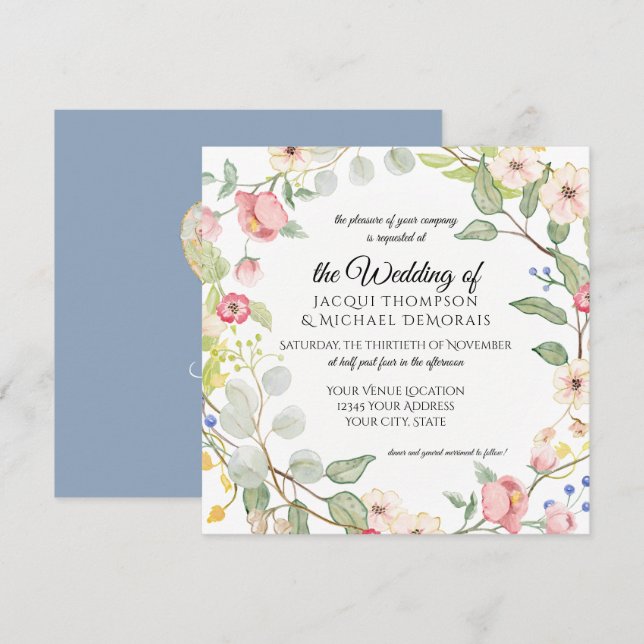 Painterly Dusty Blue Blush Pink Watercolor Floral Einladung (Vorne/Hinten)