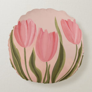 Painterly Hübsch Pink Tulips Rundes Kissen