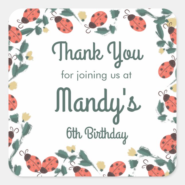 Painterly Lady Bug Birthday Garden Party Quadratischer Aufkleber (Vorderseite)