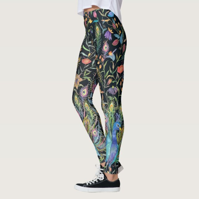 Painterly Peacock Feather, Floral Vines Boho Chic  Leggings (Links)