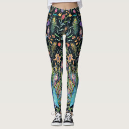 Painterly Peacock Feather, Floral Vines Boho Chic  Leggings