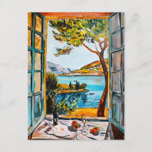 Painting breakfast on window view Mediterran sea Postkarte