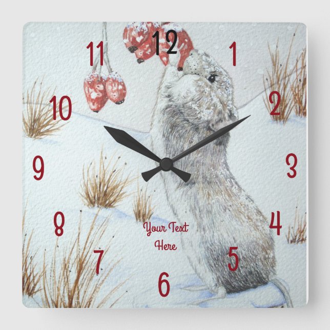 painting of field  mouse in snow wildlife quadratische wanduhr (Vorderseite)