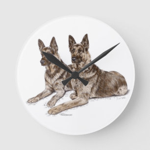 Pair of German Shepherd Dogs Runde Wanduhr