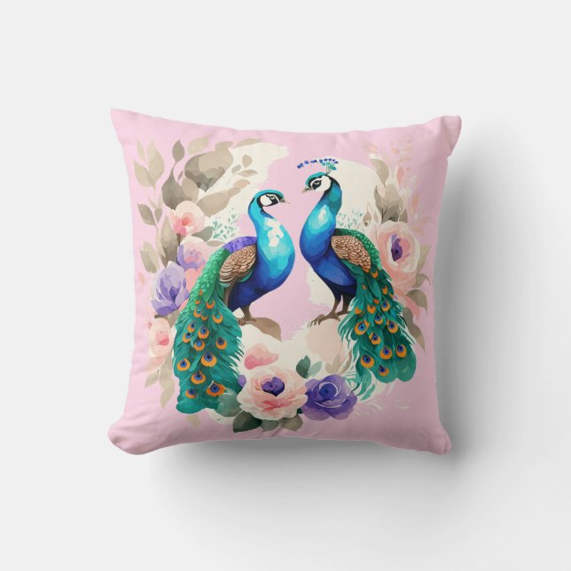 Pair of Peacocks Pink Kissen (Vorderseite)