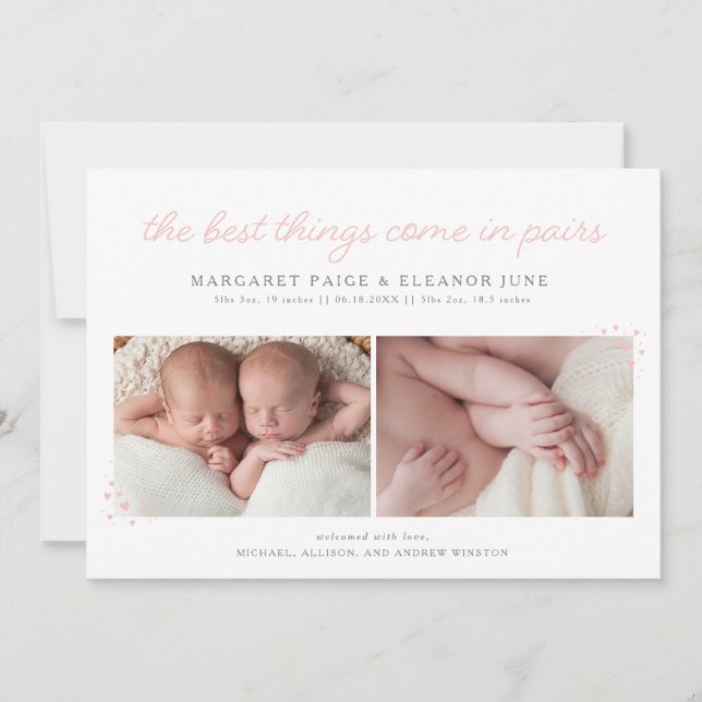Pairs Faire-part de naissance jumeau avec Coeurs r (Devant)