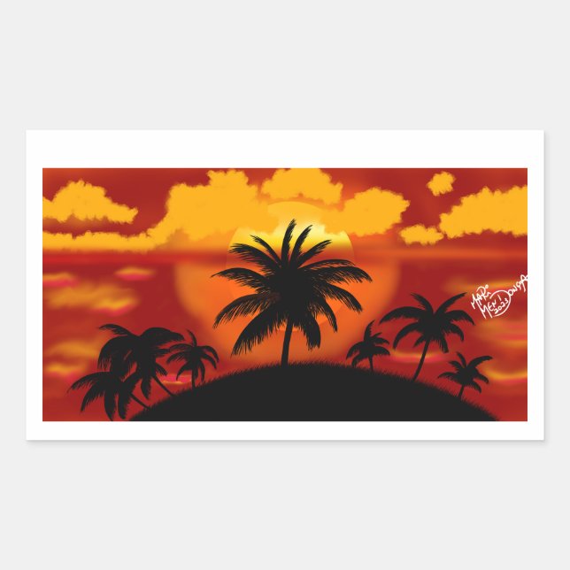 Paisagem por do sol com coqueiros rechteckiger aufkleber (Vorderseite)