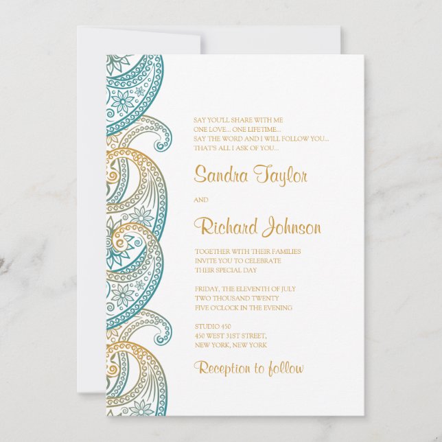 Paisley Aquamarin & Gold Indian Wedding Einladung (Vorderseite)