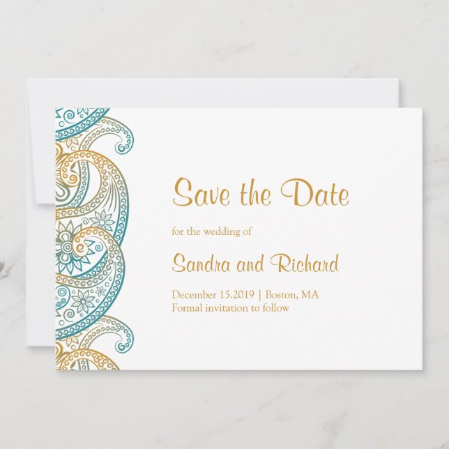 Paisley Aquamarin & Gold Indian Wedding Save The Date (Vorderseite)