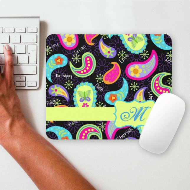 Paisley Black Colorful Modern Pattern Monogram Mousepad (Von Creator hochgeladen)