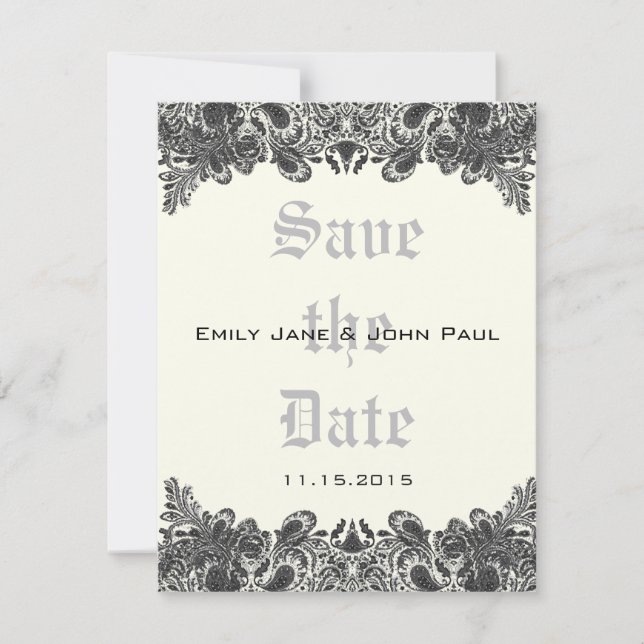Paisley Black & Ivory Damask Wedding Save the Date (Vorderseite)