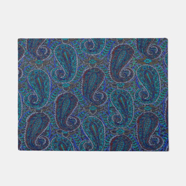 Paisley Blue Indian Boho Art Pattern Fußmatte (Vorderseite)