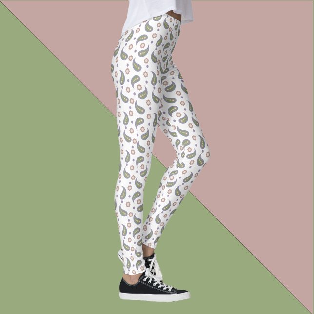 Paisley Blume Dots Green Pink Lila Leggings (A pair of leggings with a pink, green and purple pattern of paisley, flowers & dots.)