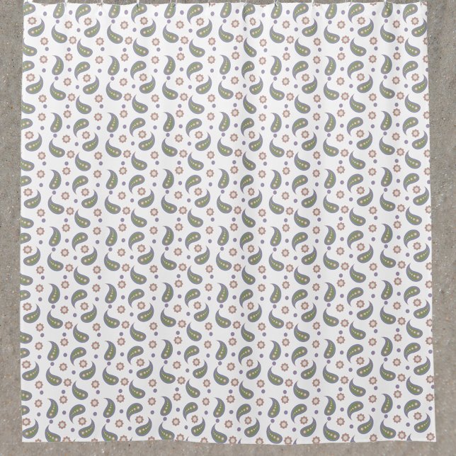 Paisley Blume Polka Dots Green Pink Lila Duschvorhang (A shower curtain with a pattern of paisley, flowers and dots done in pink, green, purple & blue.)