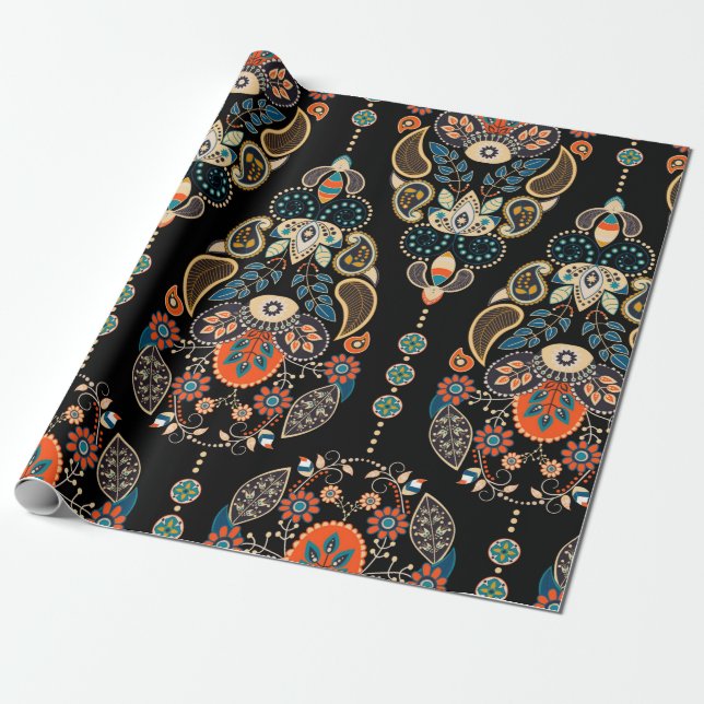 Paisley Blumen nahtlos Muster. Dunkle Kulisse mit Geschenkpapier (Ungerollt)
