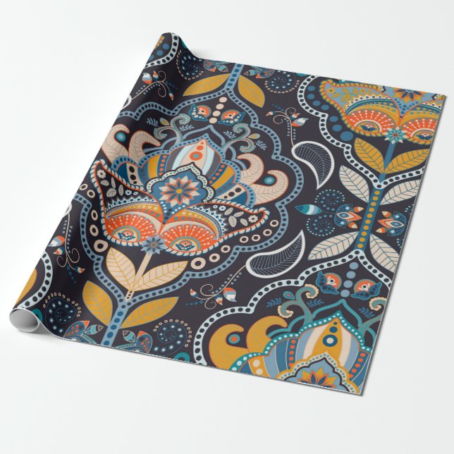Paisley Blumen nahtlos Muster. Dunkle Kulisse mit Geschenkpapier (Ungerollt)