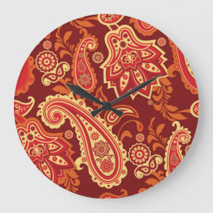 Paisley, Blumen: ornamentales nahtloses Muster Große Wanduhr