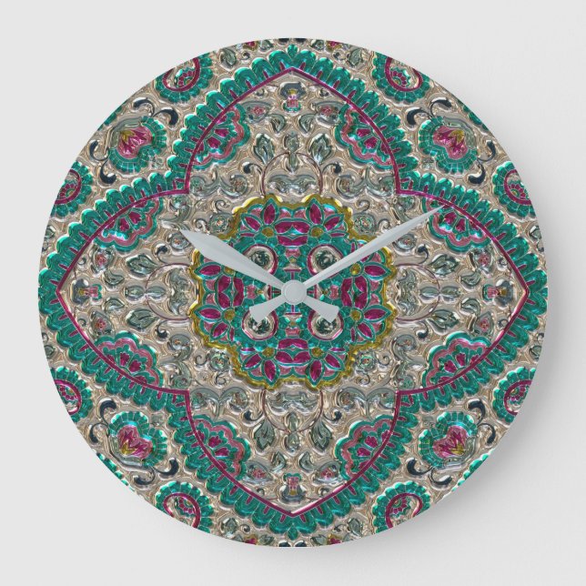 Paisley Blumenmuster aquamarines silberrosa Böhm Große Wanduhr (Vorderseite)