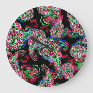 Paisley Blumenmuster, ethnischer Hintergrund. Große Wanduhr
