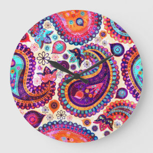 Paisley-Blumenmuster Indisches nahtloses Ornament Große Wanduhr