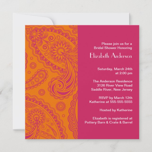 Paisley Bridal Dusche Einladung Orange & Pink (Vorderseite)
