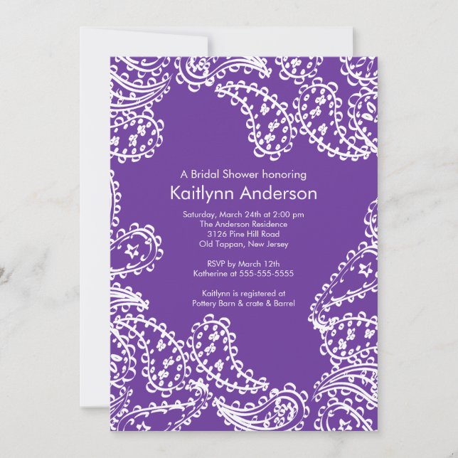 Paisley Bridal Dusche Einladung White Lila (Vorderseite)