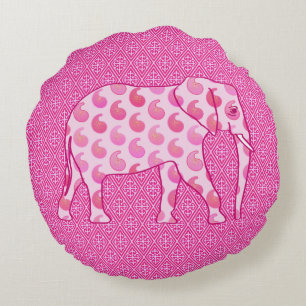 Paisley-Elefant - Eispink und Fuchsia Rundes Kissen