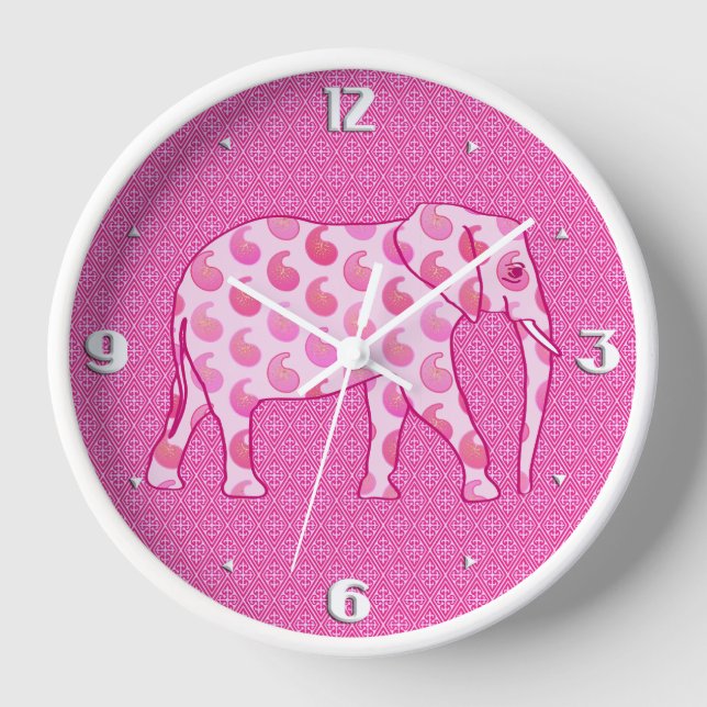 Paisley-Elefant - Eispink und Fuchsia Wanduhr (Vorderseite)