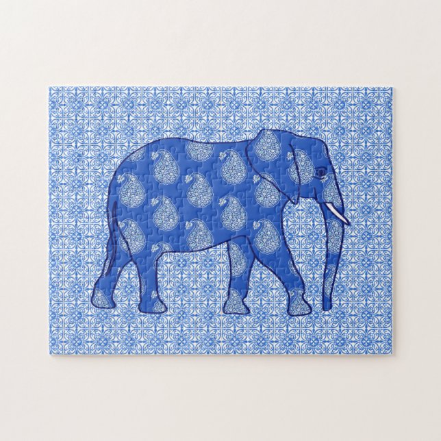 Paisley-Elefant, Kobalt Blau und Weiß (Horizontal)