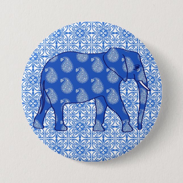 Paisley-Elefant - Kobalt blau und weiß Button (Vorderseite)