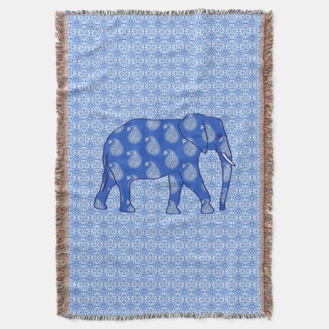 Paisley-Elefant - Kobalt blau und weiß Decke (Vorderseite Vertikal)