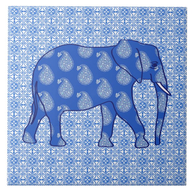 Paisley-Elefant - Kobalt blau und weiß Fliese (Vorderseite)