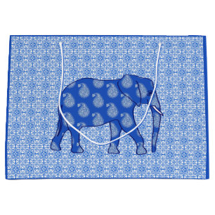 Paisley-Elefant - Kobalt blau und weiß Große Geschenktüte