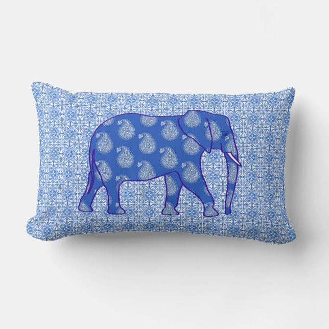 Paisley-Elefant - Kobalt blau und weiß Lendenkissen (Vorderseite)