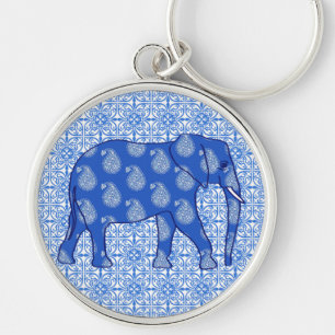 Paisley-Elefant - Kobalt blau und weiß Schlüsselanhänger
