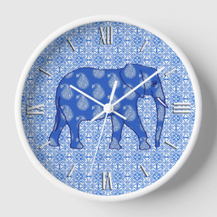 Paisley-Elefant - Kobalt blau und weiß Wanduhr