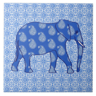 Paisley-Elefant - Kobaltblau und -WEISS Fliese