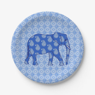 Paisley-Elefant - Kobaltblau und -WEISS Pappteller